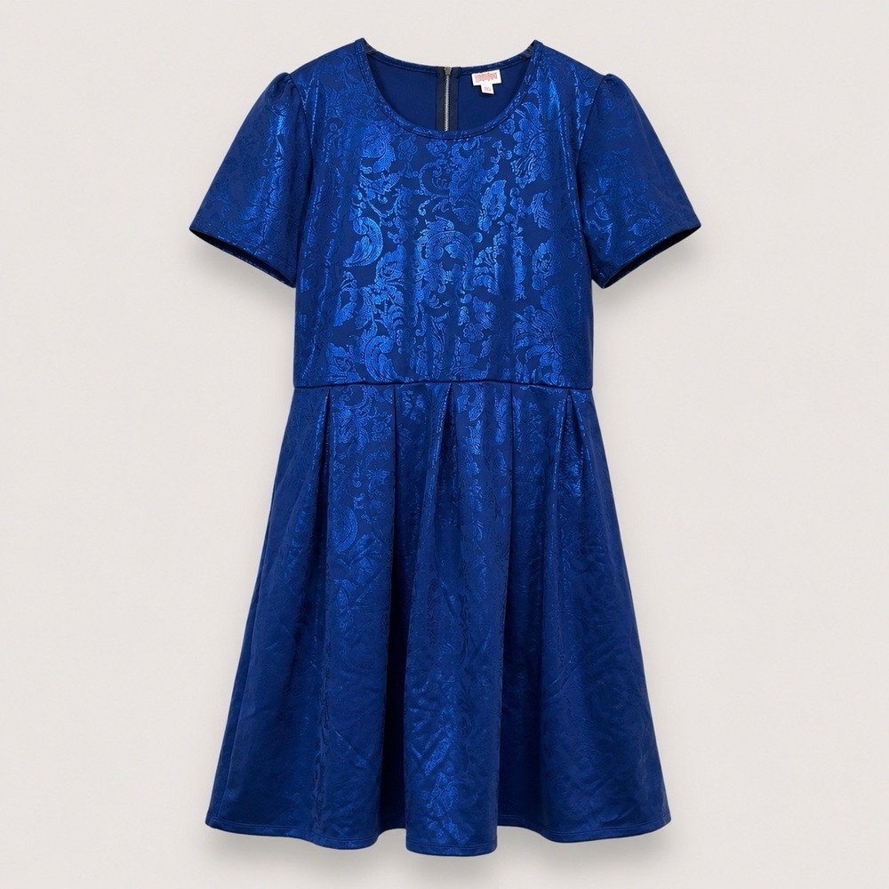 NWT LuLaRoe Amelia Dress Elegant 3XL Metallic Blue Fit Flare Pleated Holiday